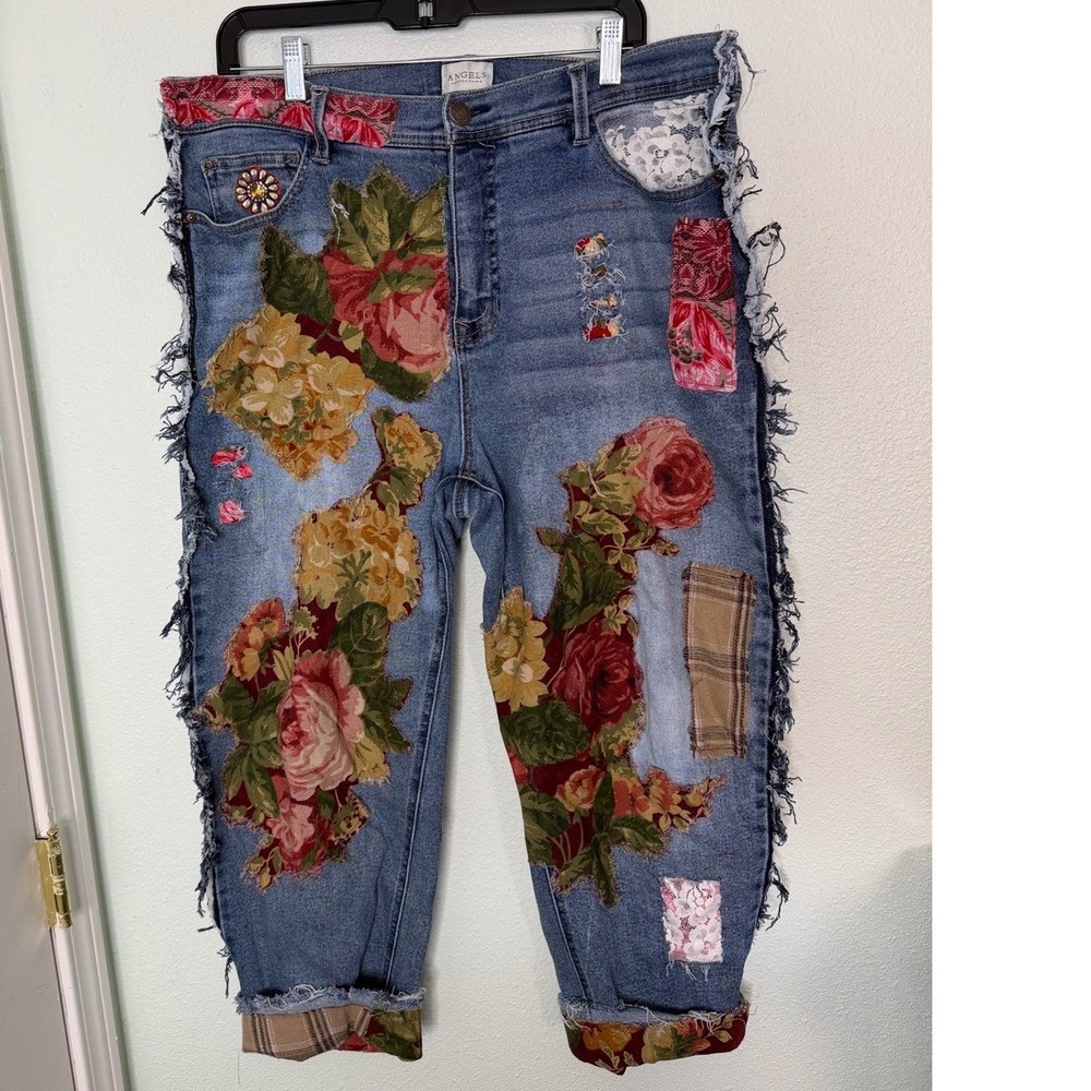 Angels Forever Young Custom Boho Floral Patchwork Jeans Upcycle Distressed - Picture 2 of 10
